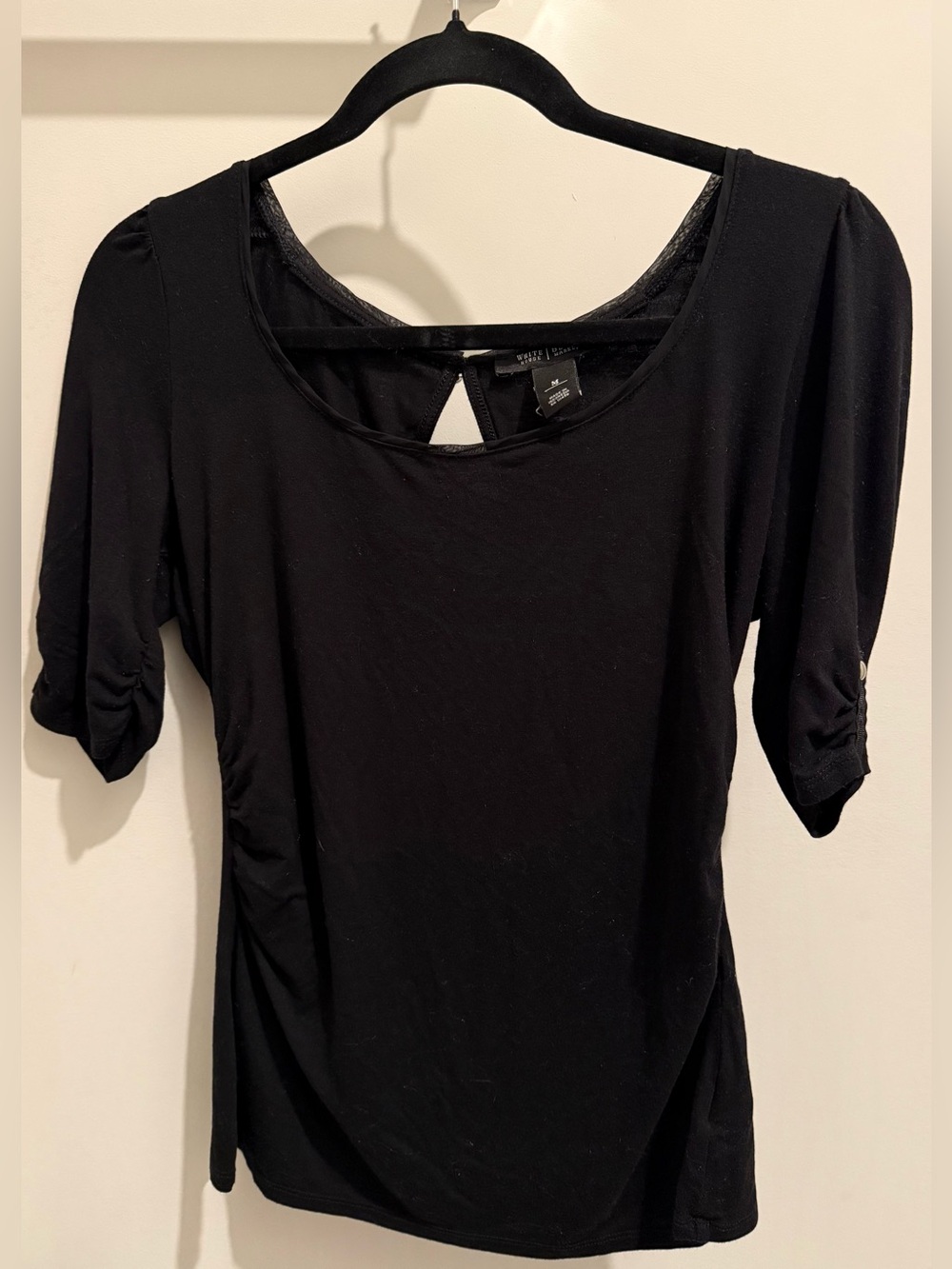 White House Black Market Black Scoop-Neck Ruched Short Sleeve Top • Medium